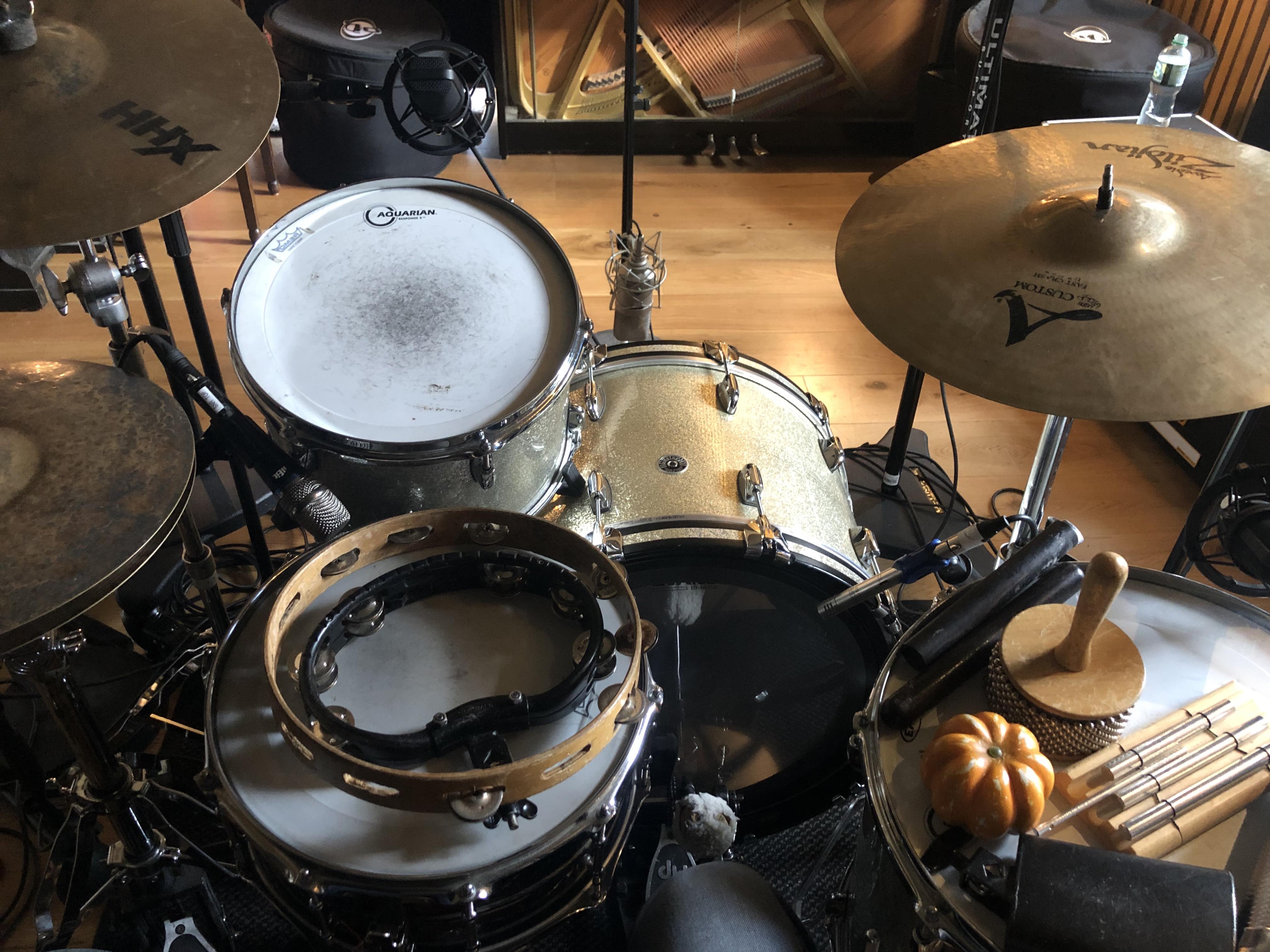 Gretsch Brooklyn Kit with percussion options for overdubs. That 'Sheep's Arse' bass drum pedal beater went through my bass drum head at a gig the next day!