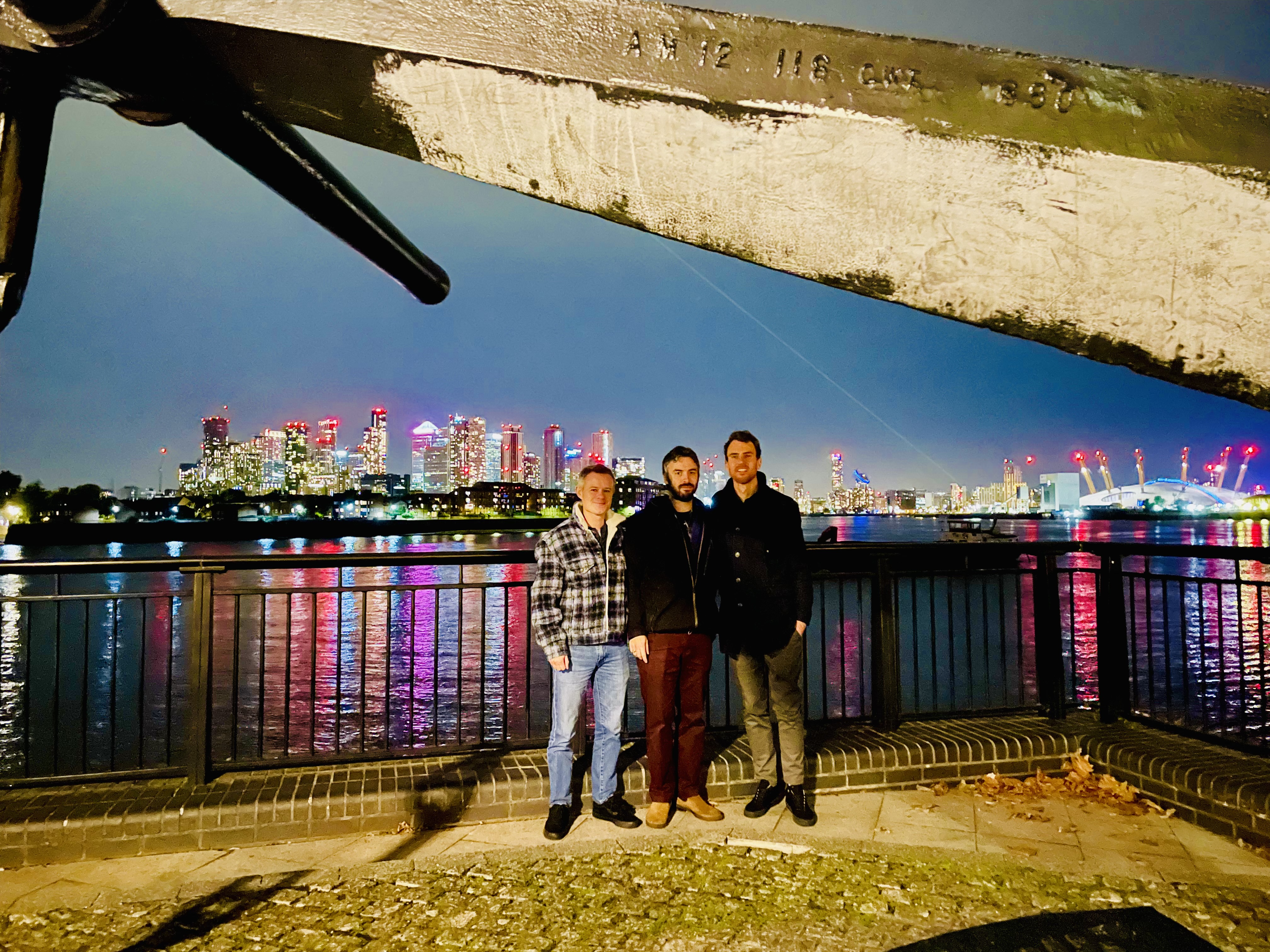 James, Josh, and Luke arranging themselves on the shore of The Thames before a skinful of beers in The Cutty Sark.