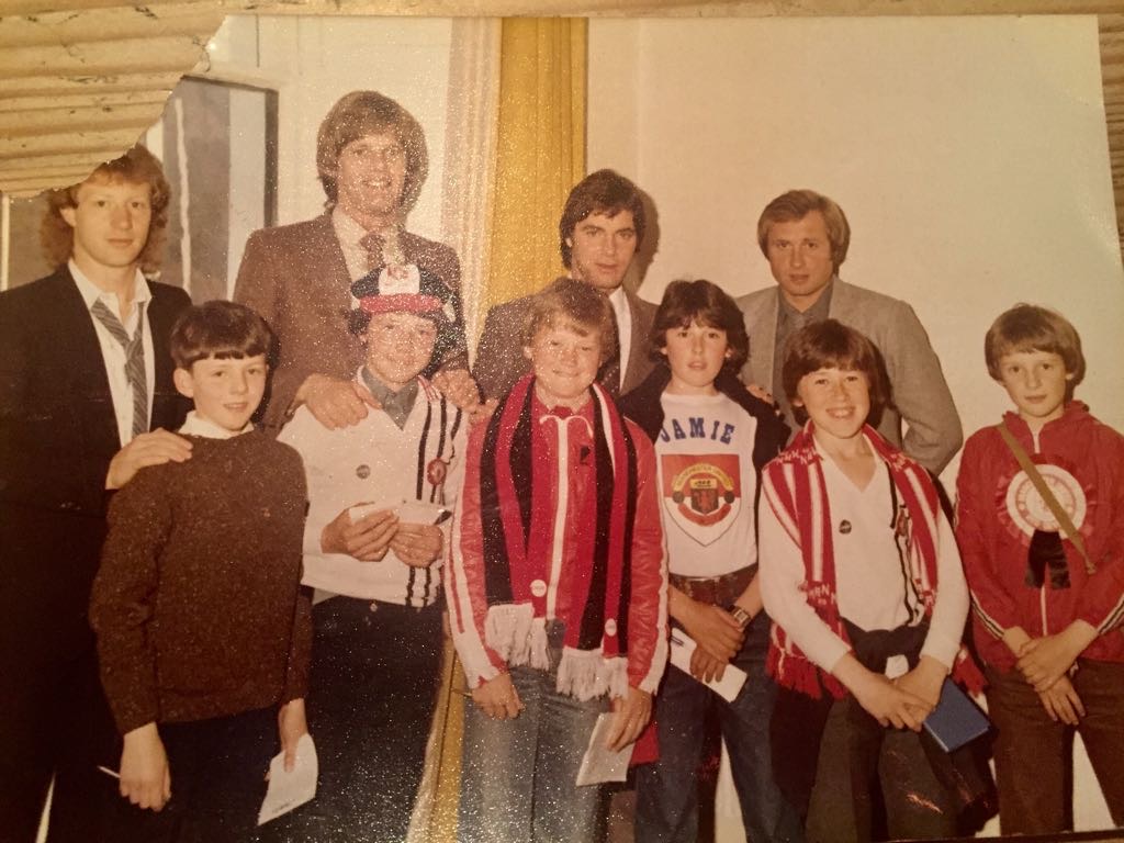 Patrick, Dec, unknown, Jamie, Myself, Logie with Man United players, late 70's